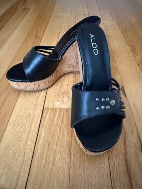 ALDO Black Leather Platform Wedge Sandals